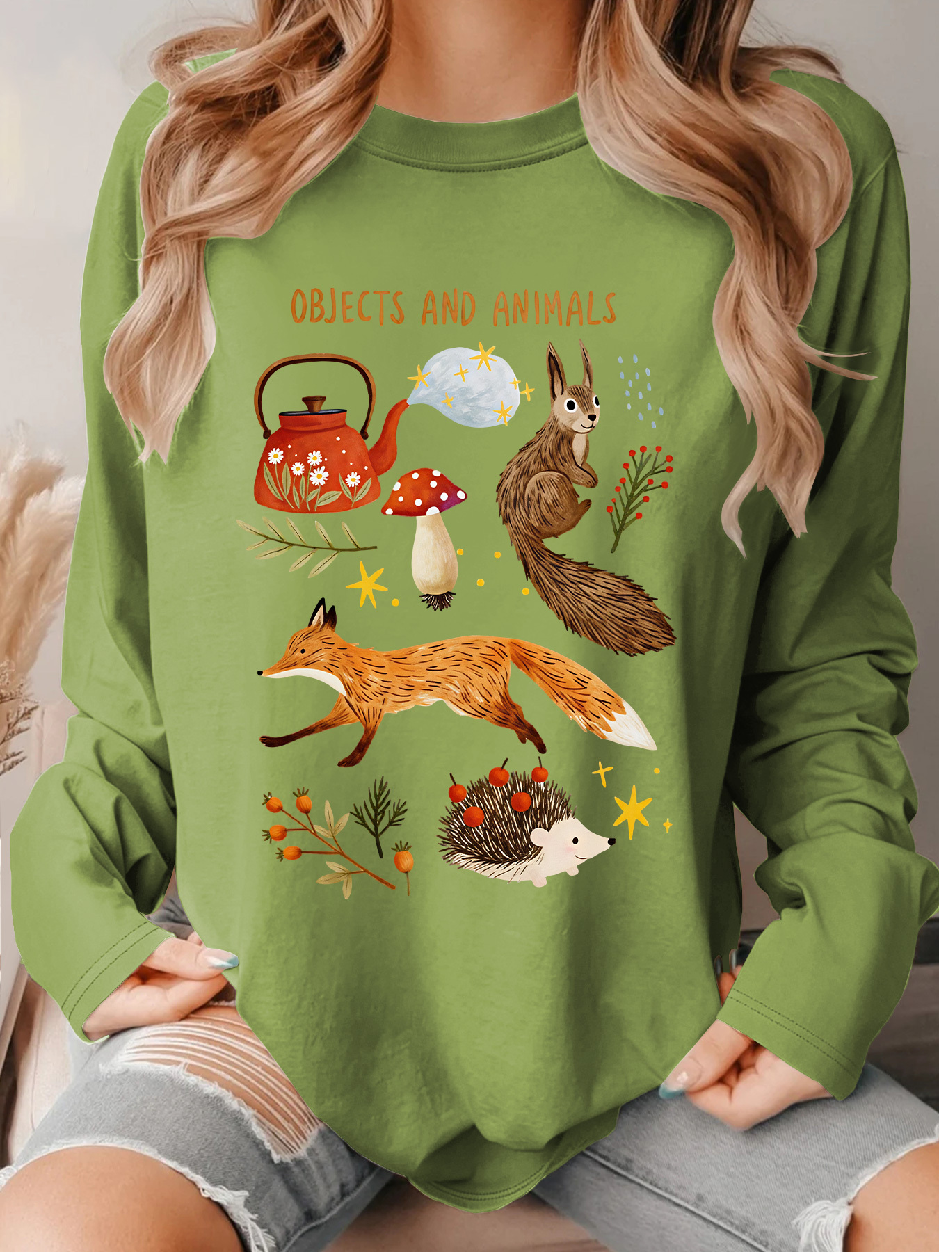 Camiseta elegante de manga larga para mujer, estilo vintage con cuello redondo y estampado de animales del bosque y elementos de la naturaleza, top de talla grande de ajuste holgado estilo bosque para otoño/invierno, moda versátil para fiestas, trayectos diarios y ropa festiva