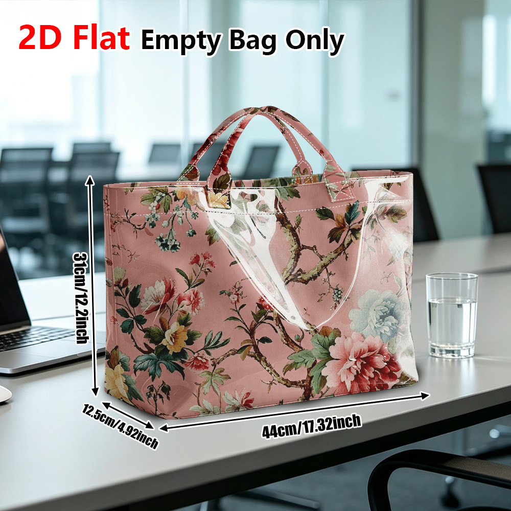 TEMU 1pc Reusable Grocery Bag, 2d Flat Floral Tree Pattern Tote Bag, Travel Bag, Pvc Material, Casual Shopping Bag, Suitable For Coffee Shops, Daily