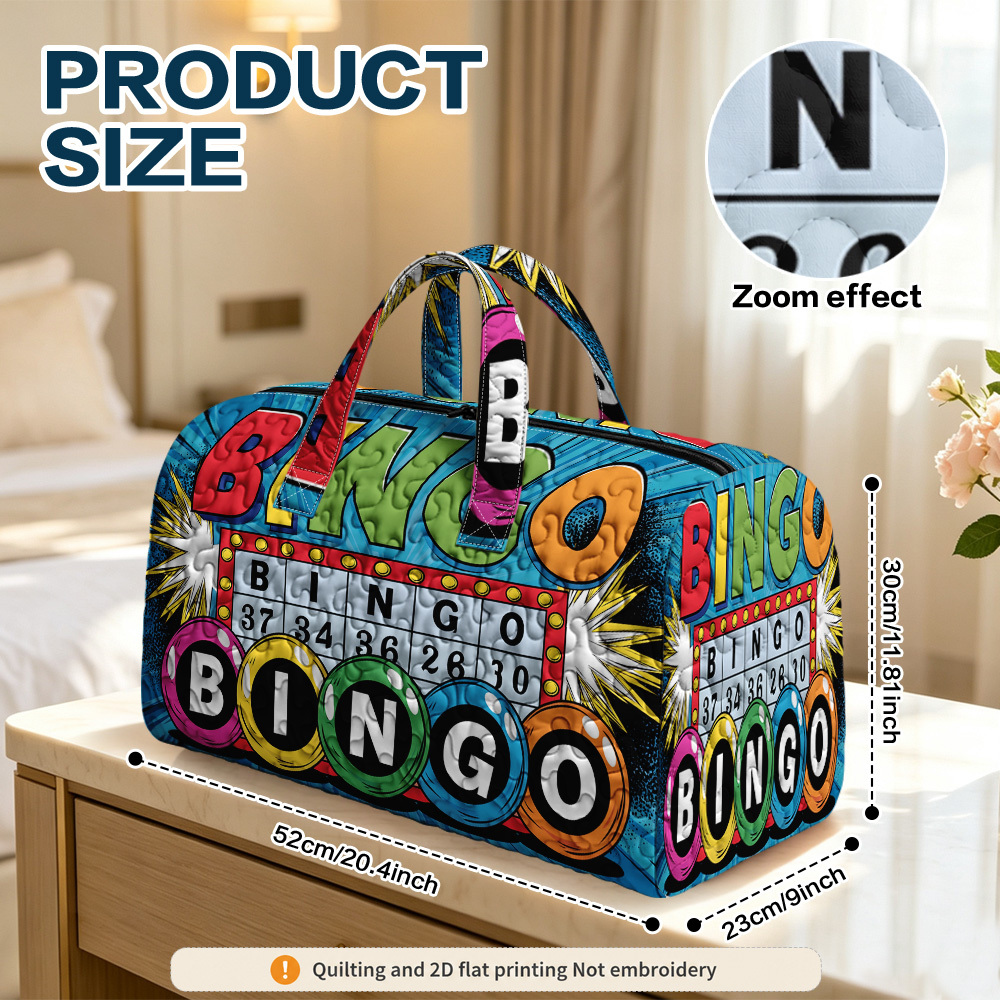 TEMU 2d Flat Printing 1pc Bingo Quilted Tote Bag, Trendy Zipper Handbag For Travel And Gym, Portable Luggage Tote For , Beach And Commute