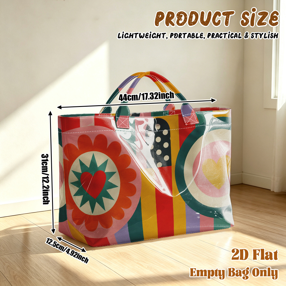 TEMU 1pc Reusable Grocery Bags, 2d Flat Printing Colorful Heart Patterns Pattern Pvc Large Capacity Travel Tote Bag, Shopping Bag,commuting Bag,beach