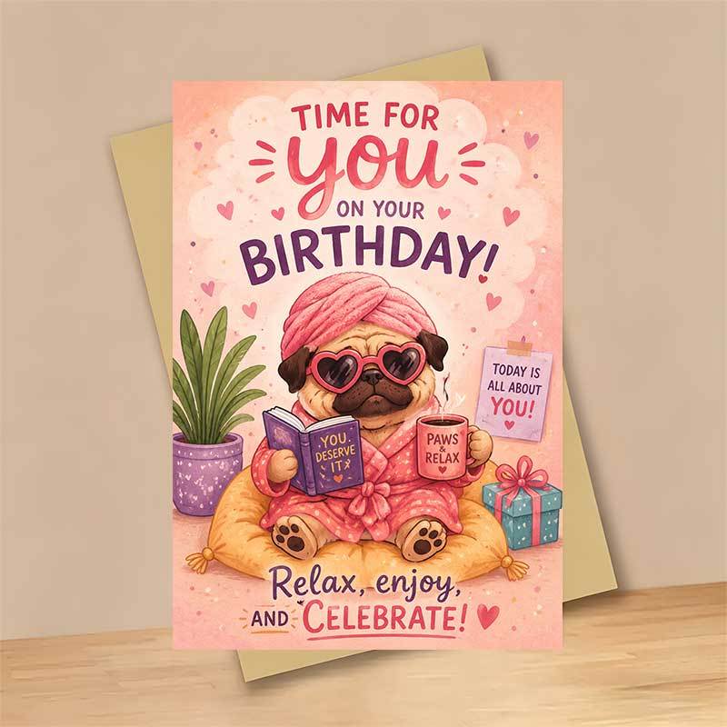 TEMU 1 Greeting Card And 1 Envelope Adorable Birthday Greeting Card Featuring A Pug In A Bathrobe Reading A Book On Your Birthday For Cozy
