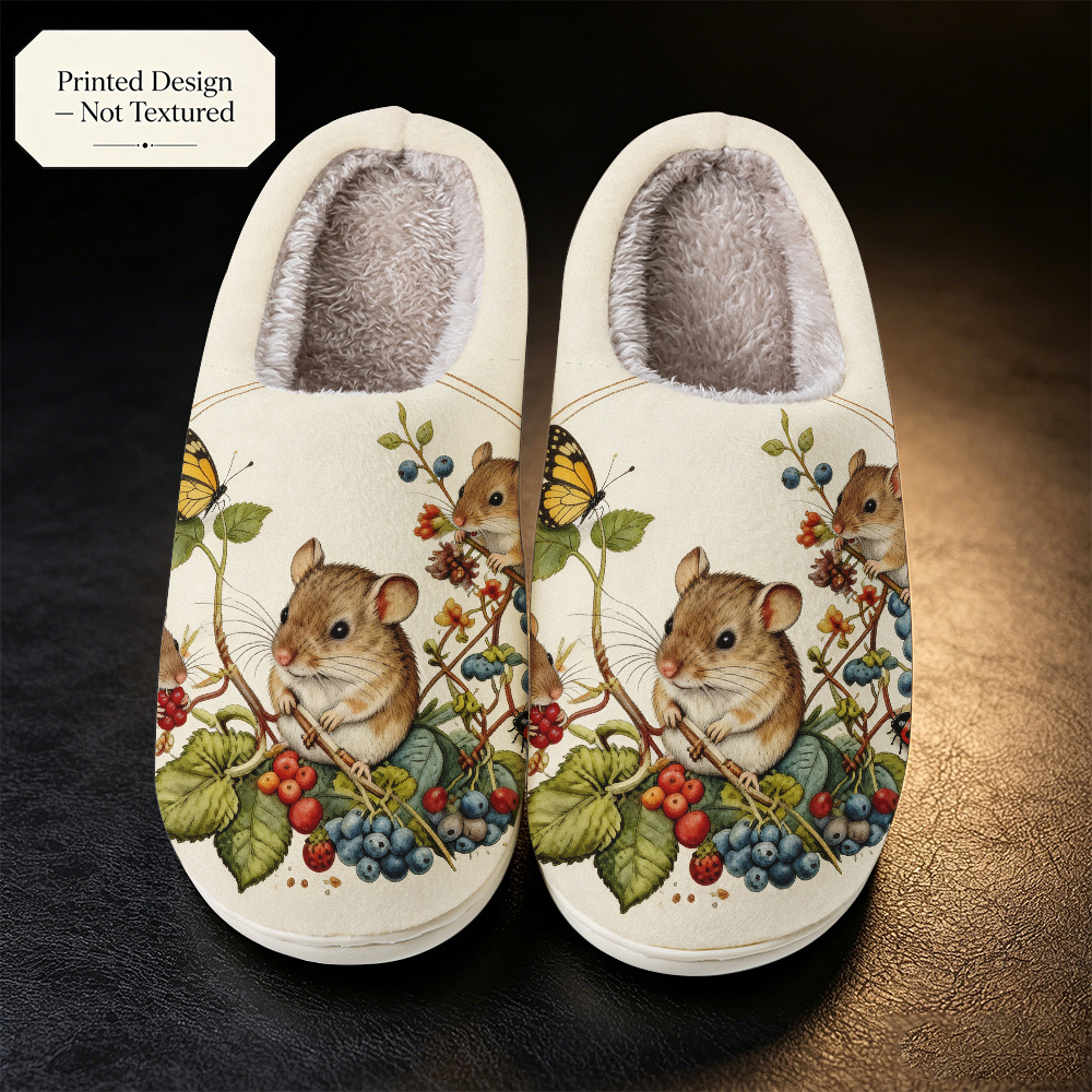 TEMU [printed Design - Not Textured] [wide Toe Box] Mouse And Berry Printed Slippers Pattern Printed Fashion Women's Home Slippers, Unisex, Versatile