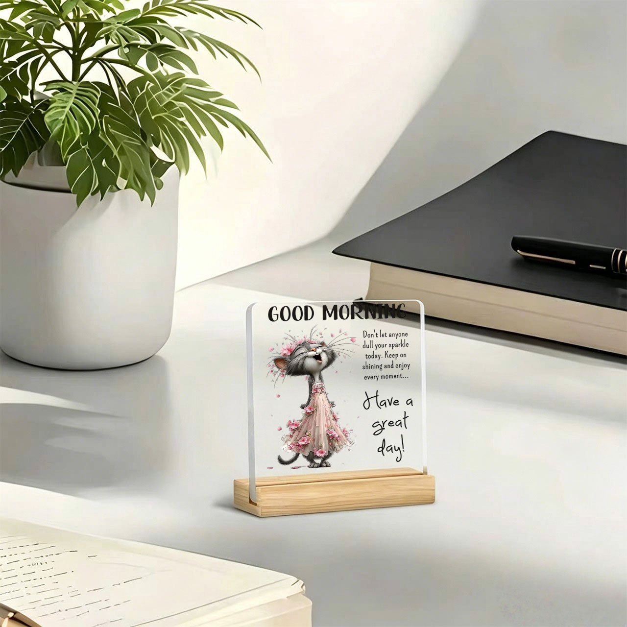 TEMU 2d Flat, 1pc Bohemian Cat "" Paperweight Desk Decor With Acrylic Top & Wooden Base - Suitable For Office Decoration, Irregular-shaped Slogan