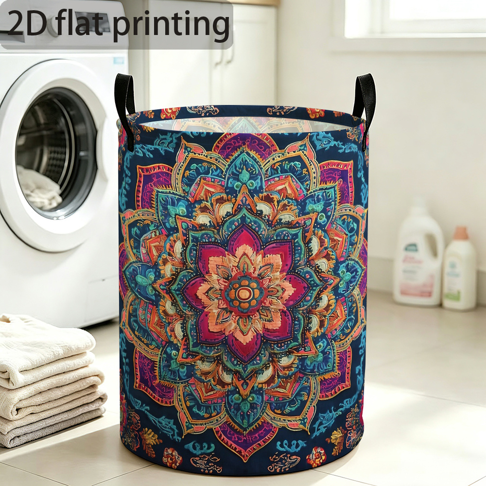 TEMU 1pc, Vibrant Mandala Laundry Basket, Portable Round Dirty Clothes Basket, Large-capacity Multi-functional Laundry Storage Basket For Home,