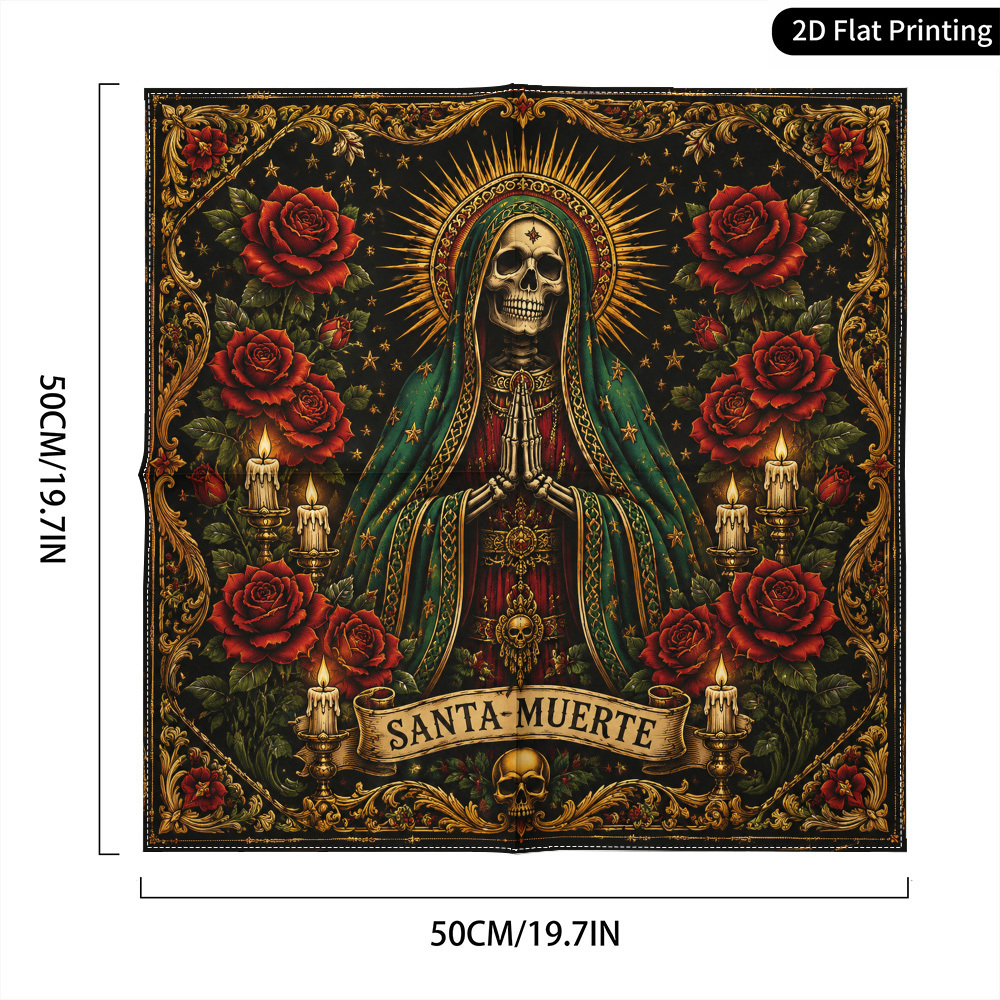 TEMU 1pc Santa Muerte Scarf - Vintage Gothic Suitable For, Christmas, Dia De Los Muertos, Themed Events, Cultural Accessory With Skeleton Rose, 2d