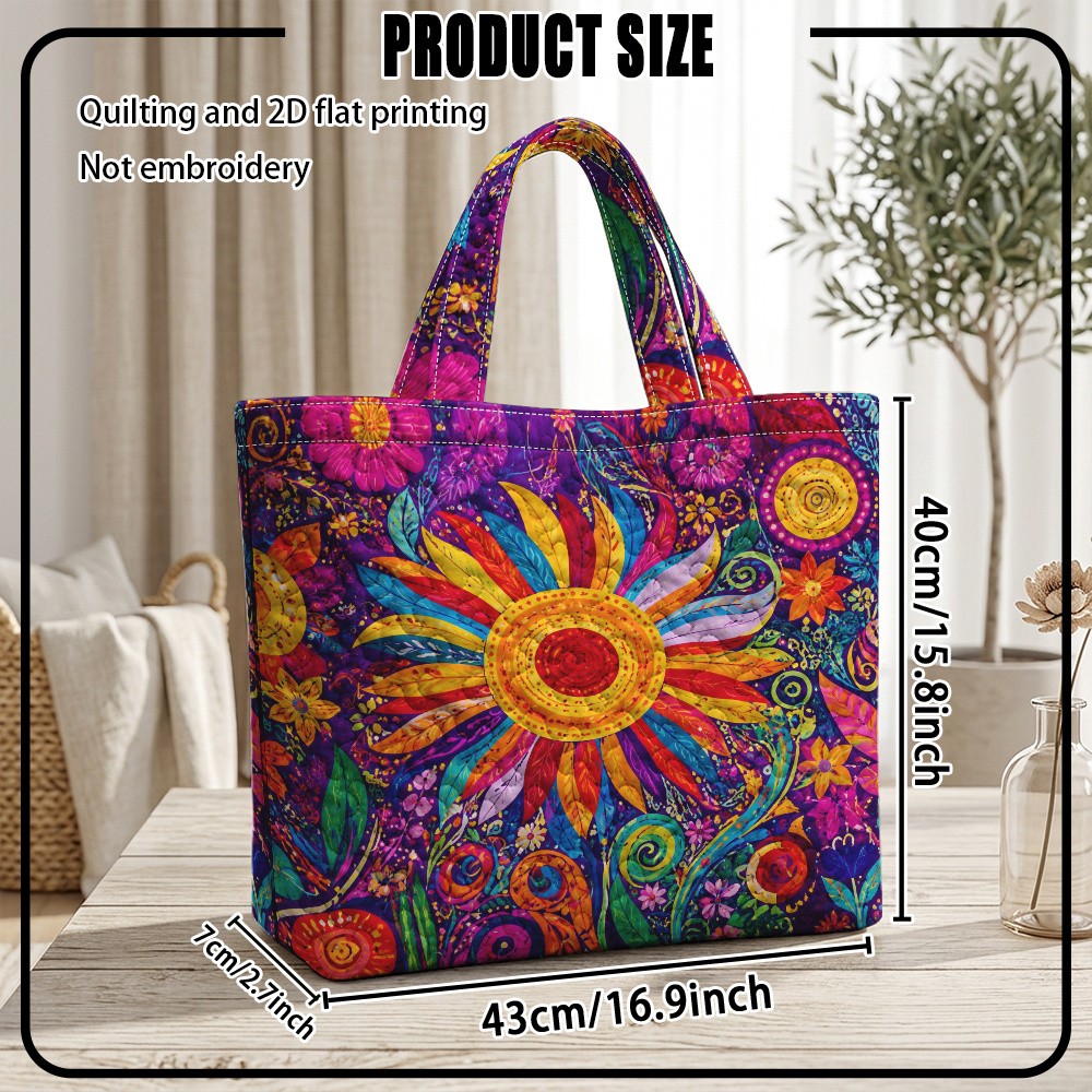 TEMU 1pc Reusable Grocery Bags, Tote Quilting And 2d Flat Printing Not Colorful Floral Abstract Art Pattern Quilted Large Capacity Tote Bag,