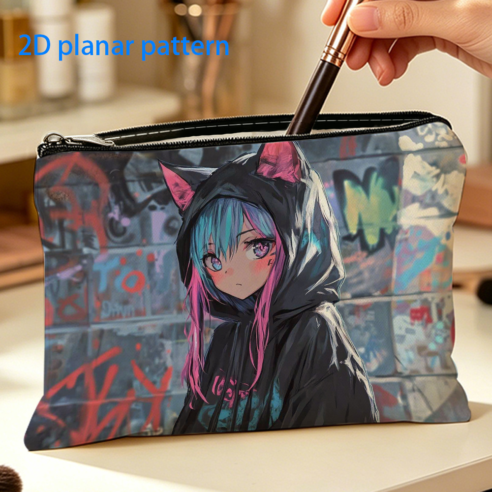 TEMU 1 pièce, Trousse de maquillage/trousse à outils Fille-chat d'anime avec fermeture éclair, Sac de rangement de voyage air, Trousse de rangement