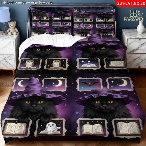 Artikelbild 2d flach 2/3-teiliges druck katze hd druck für schlafzimmer deko, bettwäsche bettbezug kissenbezüge (1 x bettbezug und kissenbezüge, ohne füllung), weihnachtsfeiertag. für halloween