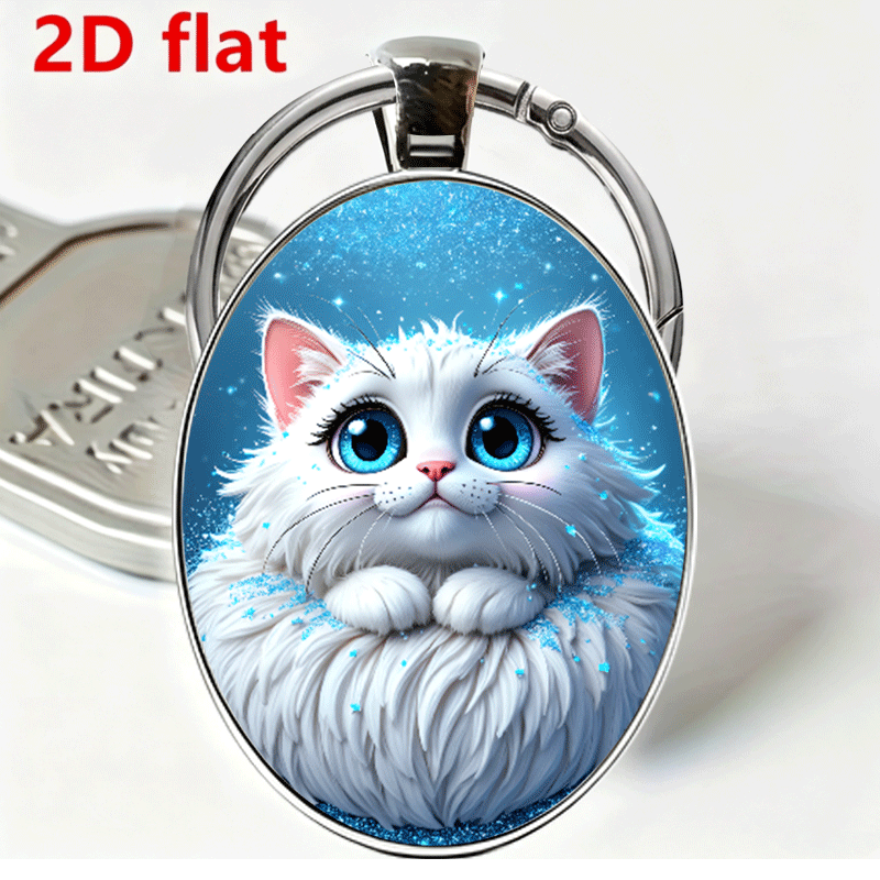 TEMU 2d Flat, 2d Flat Oval Keychain, Fantasy Cartoon Cat With Big Eyes And Blue Glitter, Cute , White Fluffy With Blue , Mysterious And Texture.