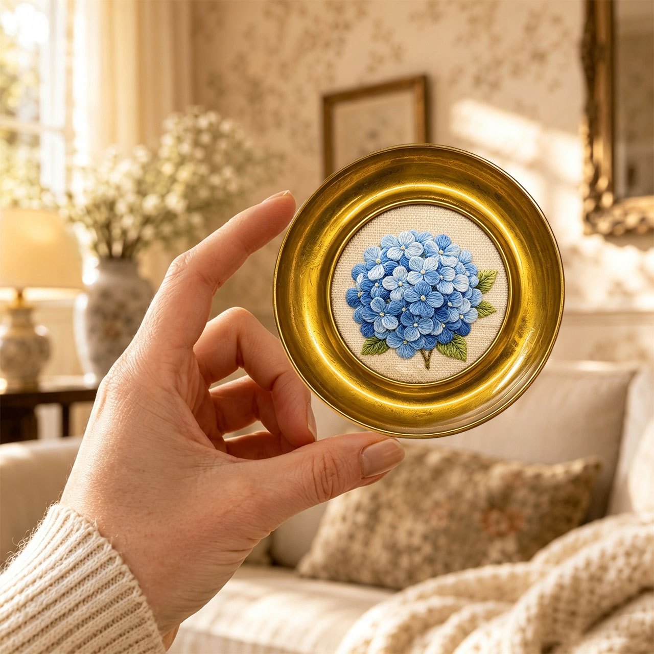 TEMU 1pc Of Small Round Vintage-style Golden-framed Painting With A Blue Hydrangea And Golden Wooden Frame, Suitable For Women's Home Soft