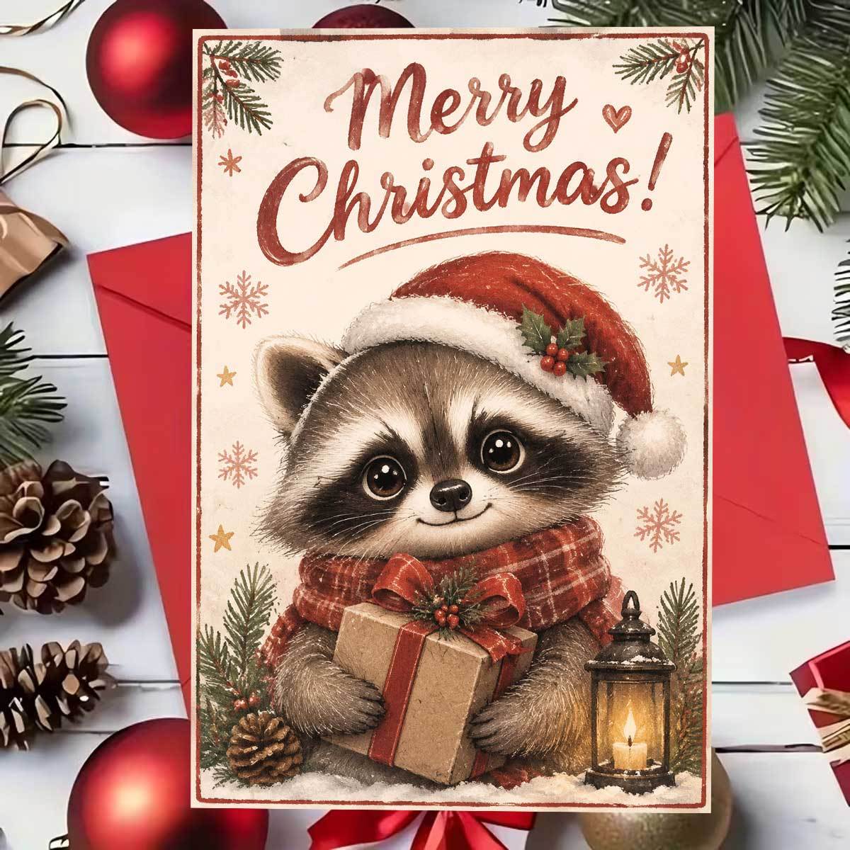 1pc cozy cute raccoon christmas card 2d flat card raccoon wearing red hat and scarf holding gift box background with pine branches snowflakes and lanterns merry christmas suitable for friends with envelope