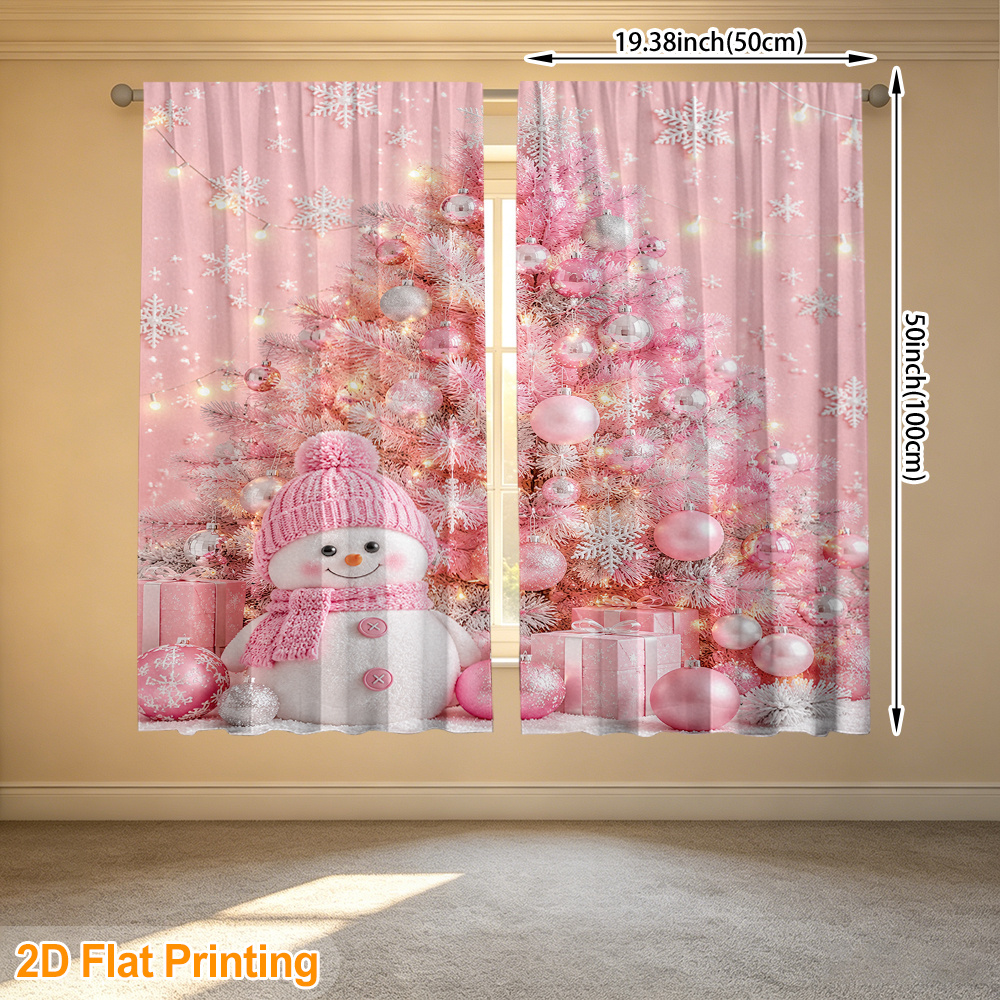 TEMU 2pcs Pink Christmas Tree Snowman Gifts Pattern Curtain, Polyester Fabric Light Filtering, Privacy Protection, Suitable For Living Room, Bedroom,