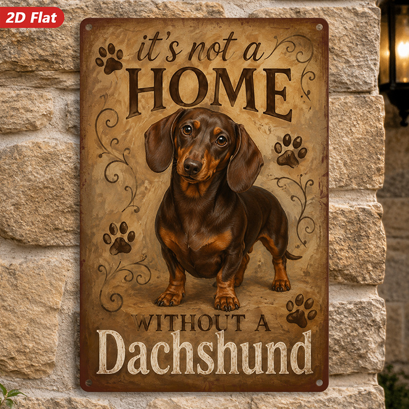 TEMU 2d Flat, 1pc Dachshund Metal Sign Wall Art, " A Home" Message, Longhaired Dachshund Portrait, Brown Coat, Suitable For Corner, Home Decor, Safe