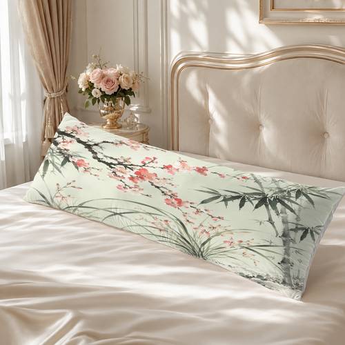 item picture 1pc body pillowcase featuring a 2d flat printed chinese style plum orchid and bamboo combination pattern an elegant and beautiful and comfortable bedding accessory is suitable as a bed pillowcase body pillowcase