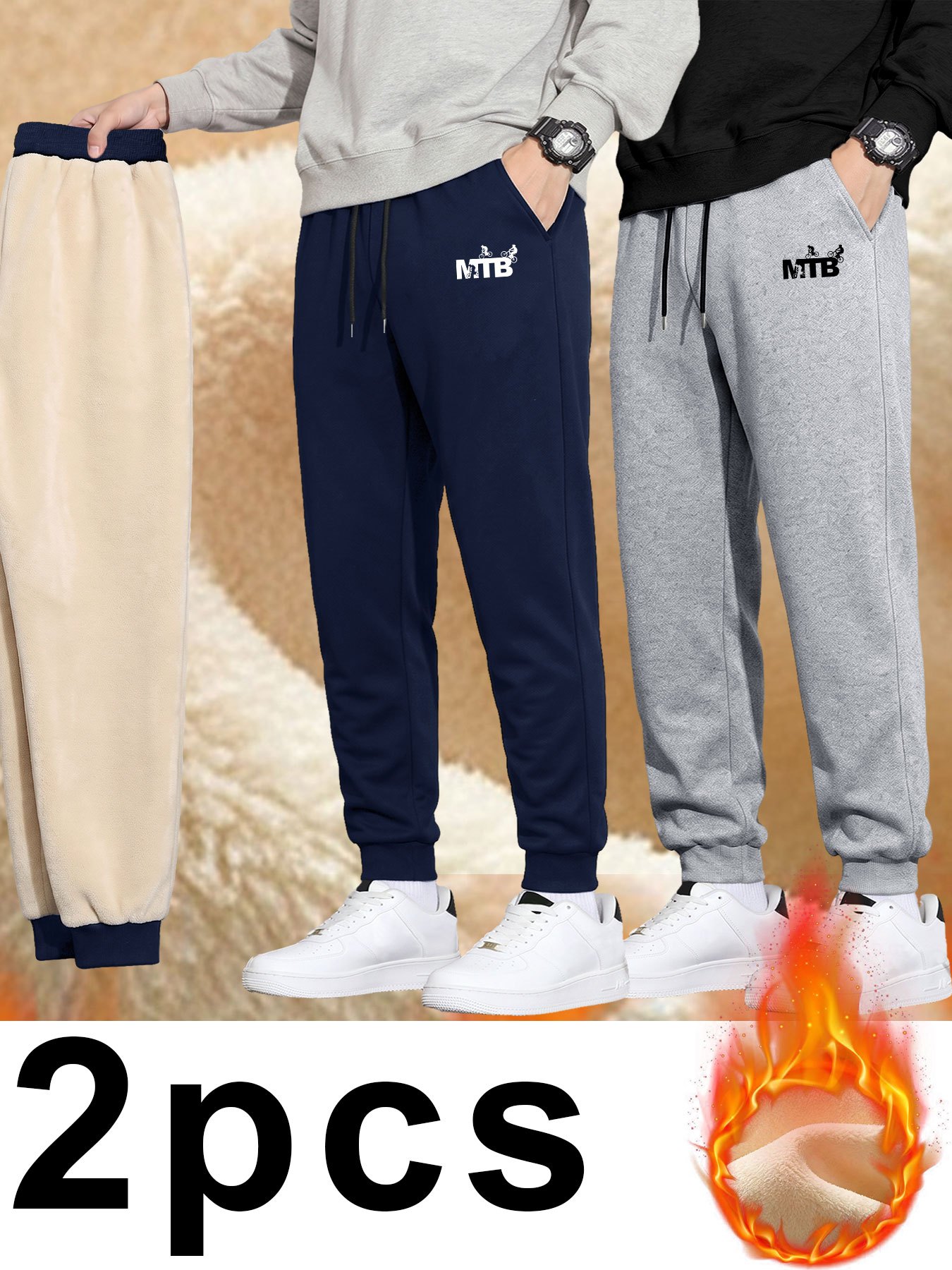 item picture 2pcs mens fleece thick warm trousers letter mtb print drawstring elastic waist ankle cinching pants cold proof warm casual sweatpants daily commuting sports casual trousers