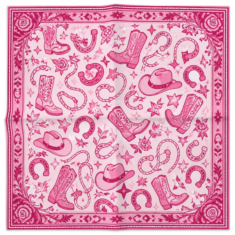 TEMU 1pc Square Scarf Pink Cowboy-themed Bandana Featuring , Boots, And Hats, Ideal For Daily Wear Or Festive Occasions