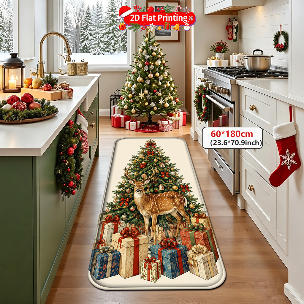 product 2d flat print winter christmas reindeer christmas tree gift pattern printed rug soft and non slip machine washable foldable suitable for living room bedroom dining room hallway doorway kitchen use seasonal decor runner rug