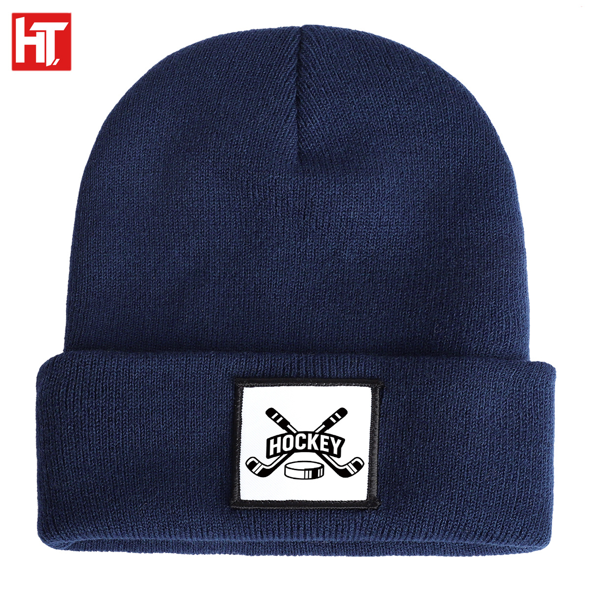 TEMU 1pc Beanie Featuring A Pattern With Crossed Hockey Sticks, A Hockey Puck, And "hockey". This Unisex Winter Beanie Is Suitable For Daily , Sports