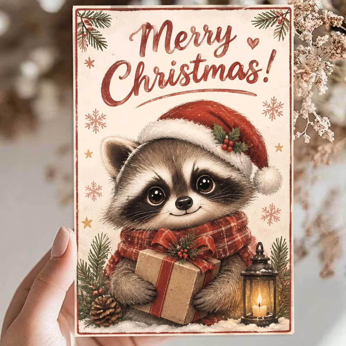 1pc cozy cute raccoon christmas card 2d flat card raccoon wearing red hat and scarf holding gift box background with pine branches snowflakes and lanterns merry christmas suitable for friends with envelope