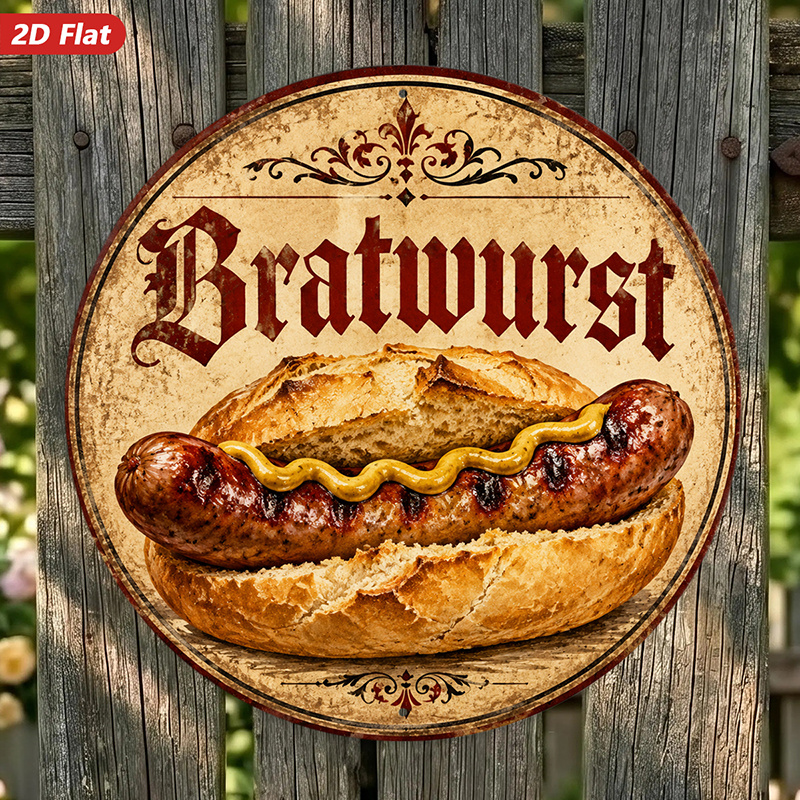 TEMU 2d Flat, 1pc German Round Metal Sign Wall Art, Readable Lettering, Home Decor, Perfect For Garden , Grilled Sausage In Bun, Swirl, Weatherproof