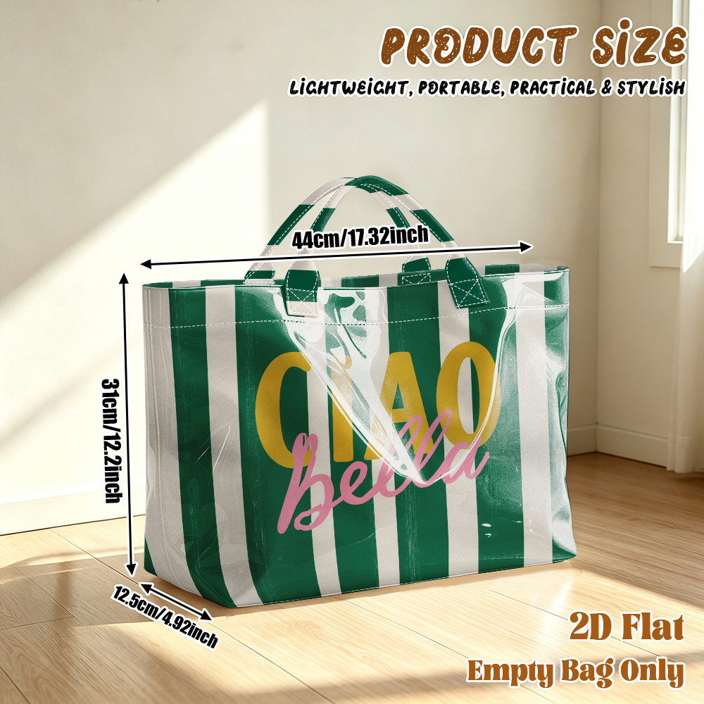 TEMU 1pc Reusable Grocery Bags, 2d Flat Printing Bella Text Pattern Pvc Large Capacity Travel Tote Bag, Shopping Bag, Commuting Bag, Beach Bag, Yoga