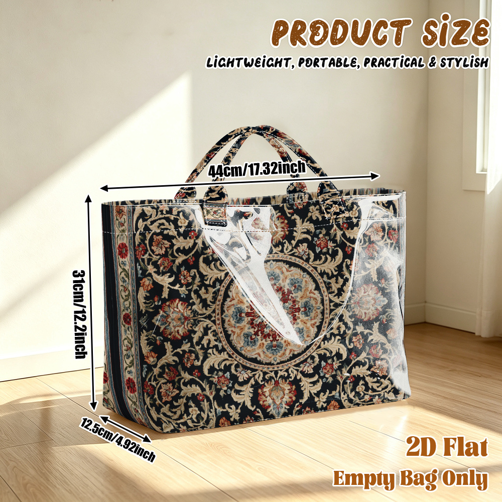 TEMU 1pc Reusable Grocery Bags, 2d Flat Printing Floral Circular Ornament Pattern Pvc Large Capacity Travel Tote Bag, Shopping Bag, Commuting Bag,