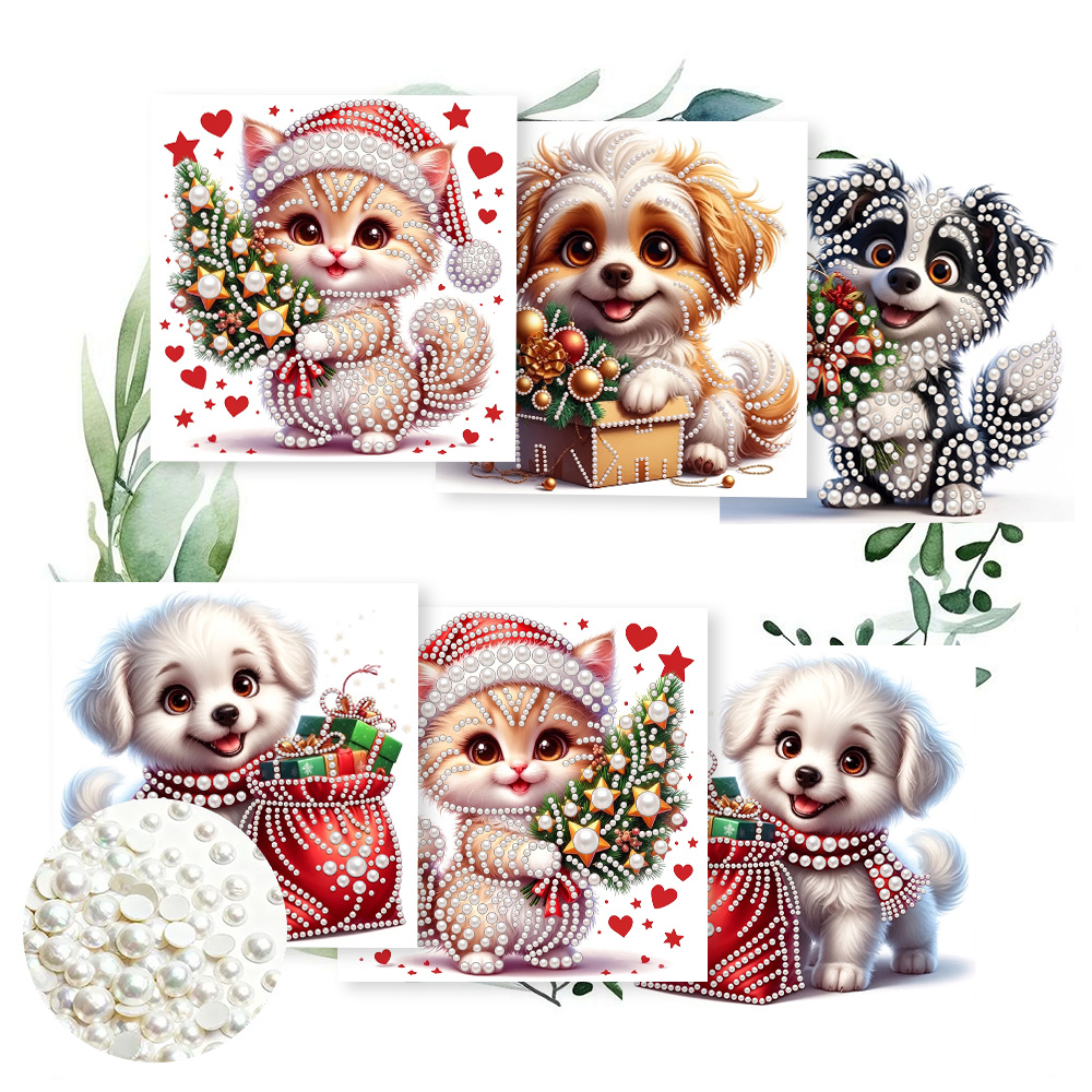 TEMU 6pcs Set 15.0 X 30.0 Cm / 5.9 X Inches Diamond Cartoon Christmas Puppy Kitten And Design Greeting Cards, Colored Drawing Pages For Painting And
