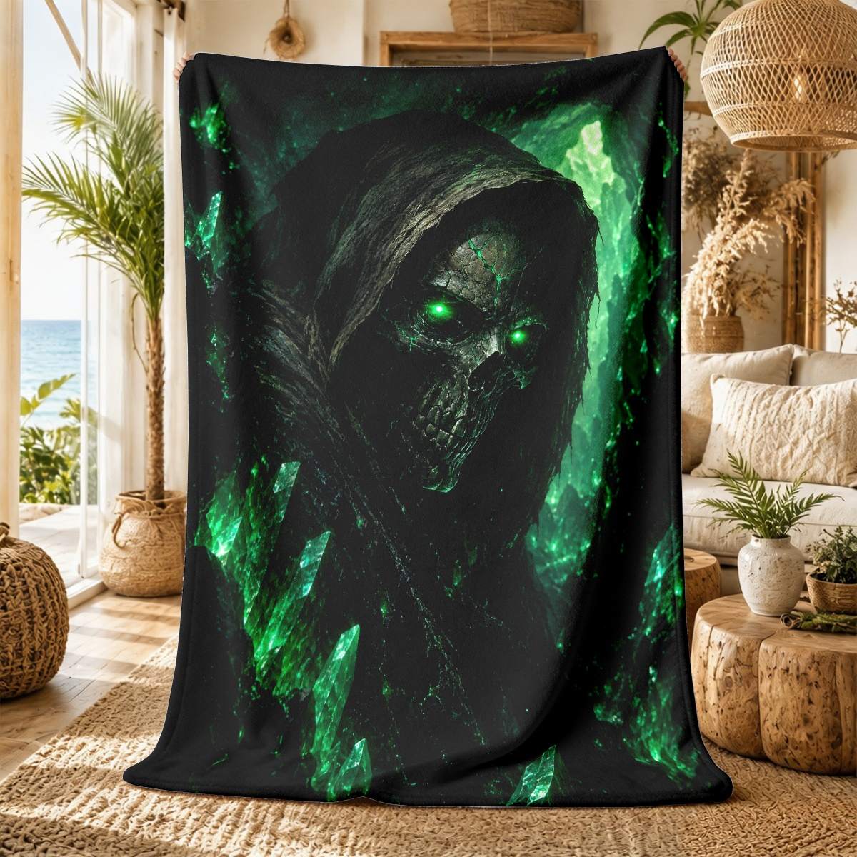 Image of Throw Blanket With Hooded Figure And Crystals, A Dark Gothic Accent For Gothic Style Fans And Lovers, Great For , Themed Rooms, And Seasonal Decor