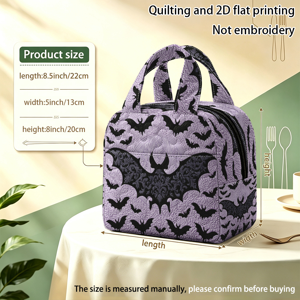 TEMU 2d Flat, 1pc Reusable Black Bats On Purple Background Quilted Insulated Hand Bag, Insulated Lunch Bag, (non-food Contact) Refrigerated Storage,