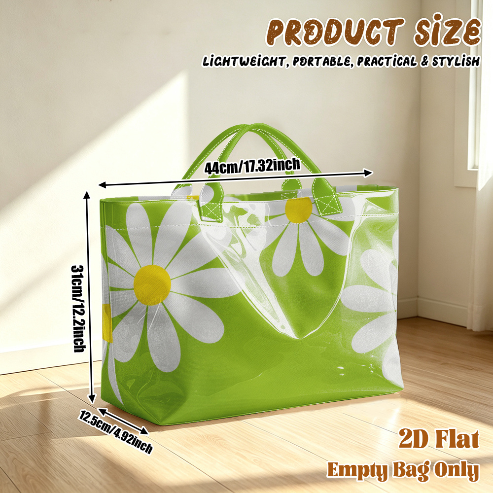TEMU 1pc Reusable Grocery Bags, 2d Flat Printing White Daisies Green Background Pattern Pvc Large Capacity Travel Tote Bag, Shopping Bag,commuting