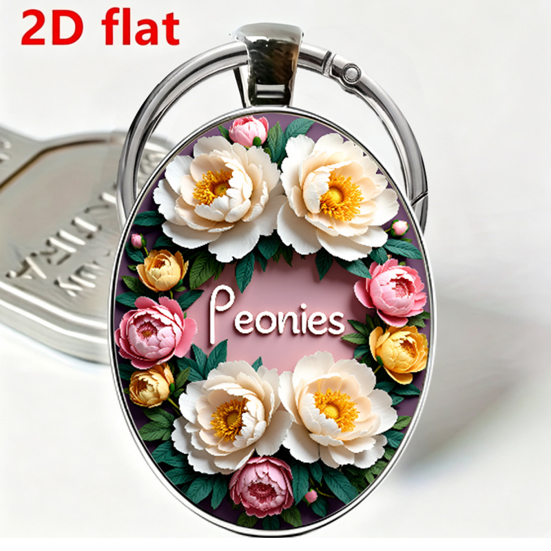 TEMU 2d Flat Oval Keychain, Sublimation/ Style, Peony Bouquet Theme Key Chain, Gradient Colored Peony Pattern (white, Light Yellow, And ),
