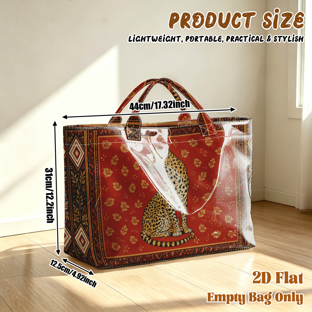 TEMU 1pc Reusable Grocery Bags, 2d Flat Printing Leopard Sitting On Red Background Pattern Pvc Large Capacity Travel Tote Bag, Shopping Bag,commuting