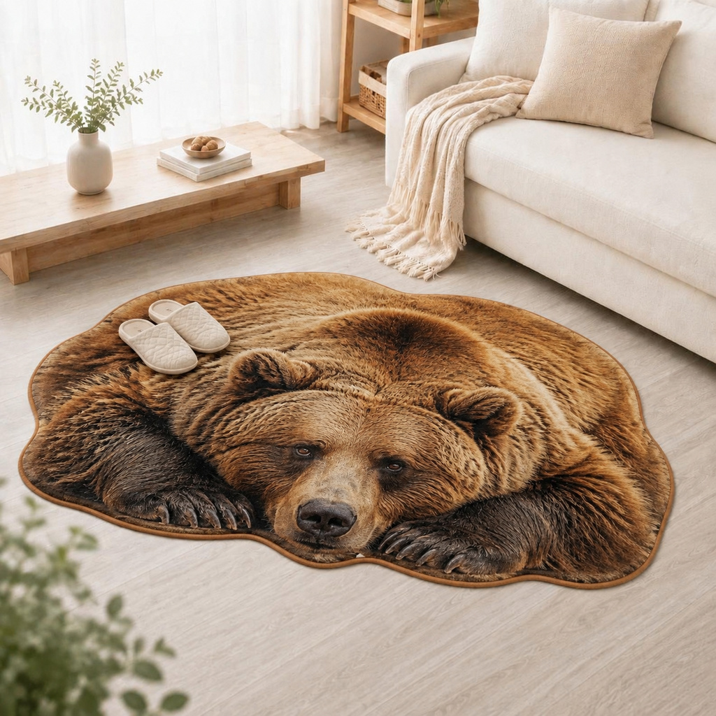 TEMU 1pc Tayagxg Brown Bear Rug Suitable For Bedroom/bathroom, Irregular Shaped With Realistic Lying Bear Pattern, Machine Washable, Durable Soft