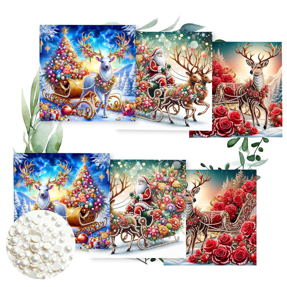 TEMU 6pcs Set 15.0x30.0cm / 5.9x11.81 Inches Diy Diamond Cartoon Beautiful Christmas Sleigh Reindeer Greeting Card Invitation, Unique Handmade Gift