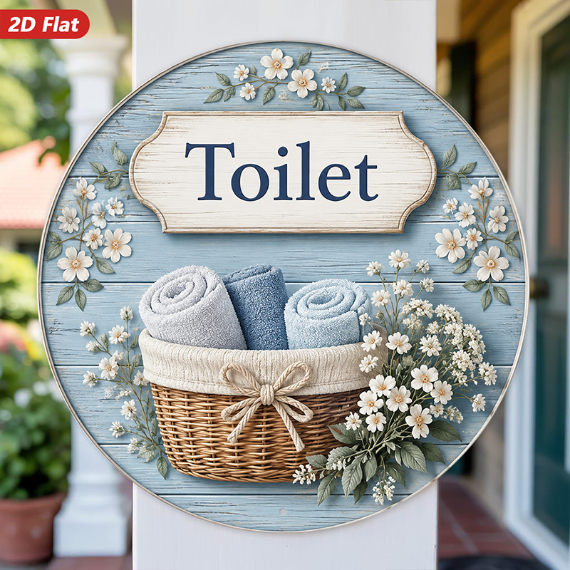 TEMU Decorazione per bagno piatta 2D, 1 pz, , in metallo, murale, scritta per WC, cestino per asciugamani arrotolati, di bianche, sfondo in legno blu