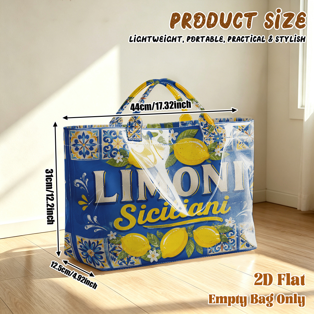 TEMU 1pc Reusable Grocery Bag, 2d Flat Printed Lemon Pattern Pvc Large-capacity Travel Tote. Multi-functional For Shopping, Commuting, Yoga Bag,