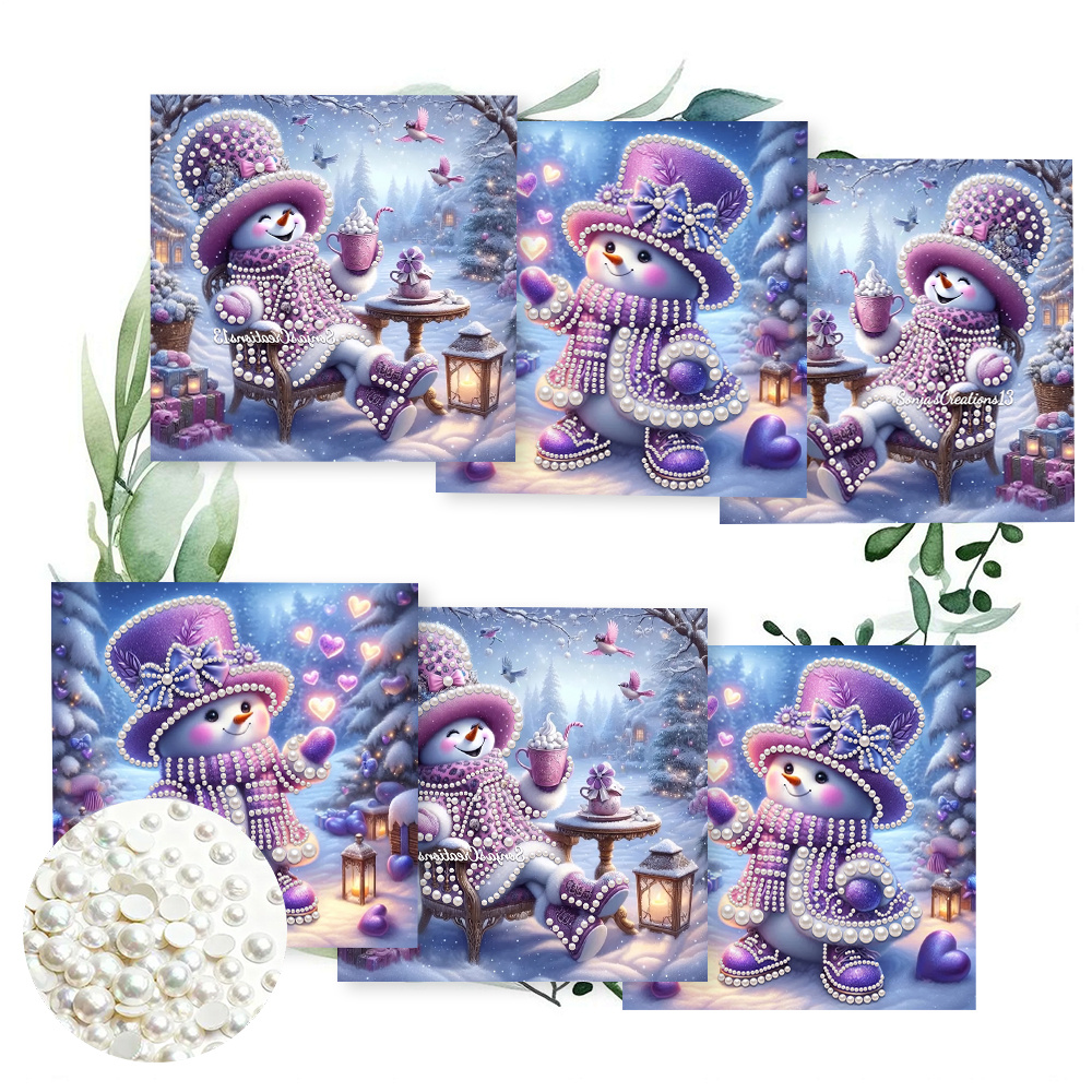TEMU 6pcs Set 15.0x30.0cm / 5.9x11.81 Inches Diy Diamond Cartoon Purple Christmas Snowman Design Greeting Card Invitation, Colored Drawing Pages For