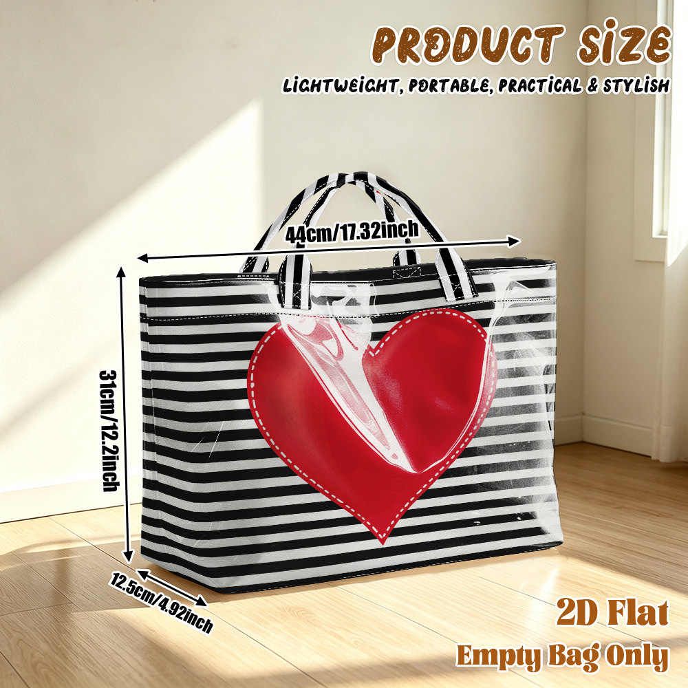 TEMU 1 pièce Sac fourre-tout de voyage grande avec impression 2D à plat d'un motif de cœur fond rayé, sac de courses portable, sac de , sac de plage,