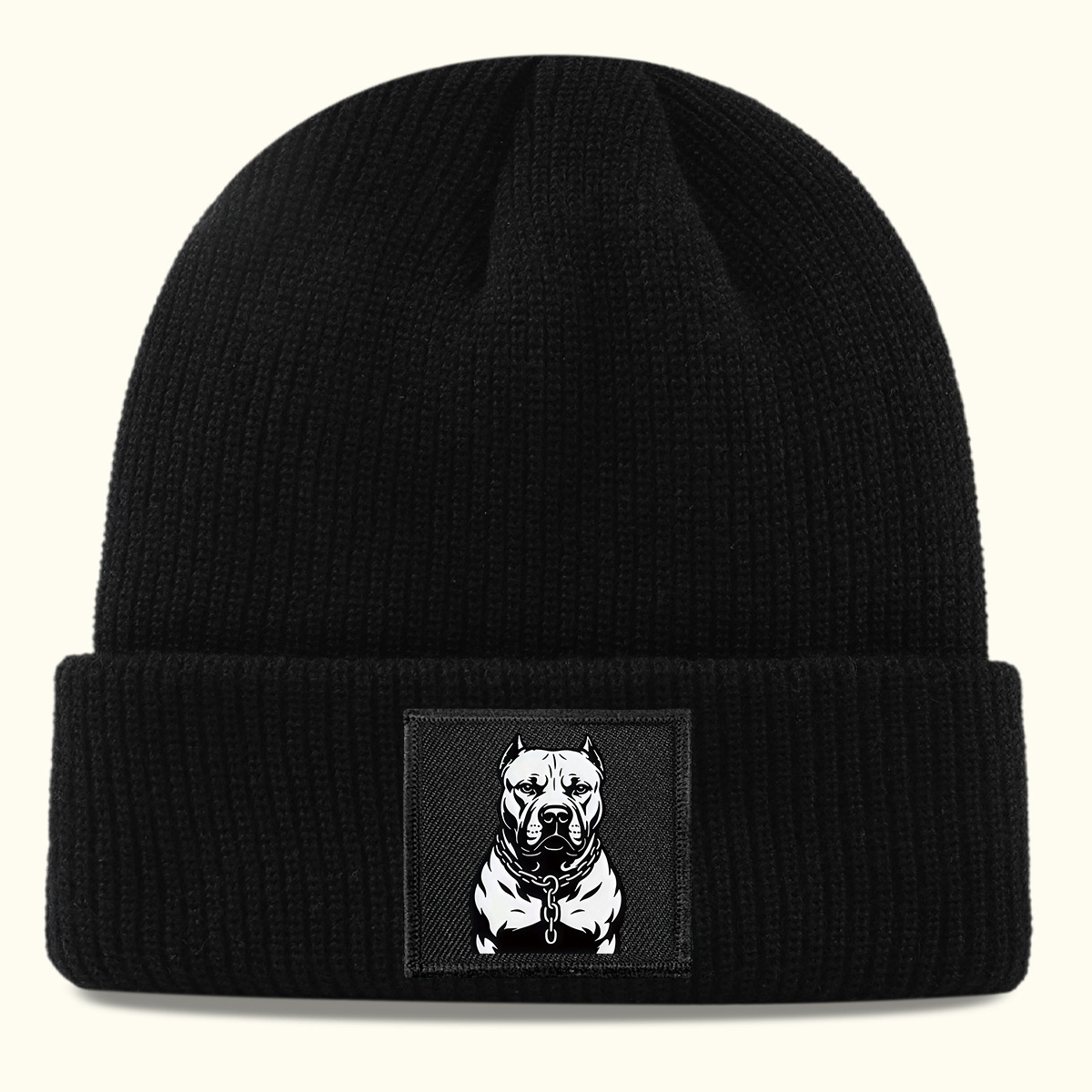 TEMU 1pc Printed Label Melon Beanie, Unisex Warm Brimless Hat, Black And White Minimalist Dog Pattern Label, Autumn/winter Warm Ear Protection Melon