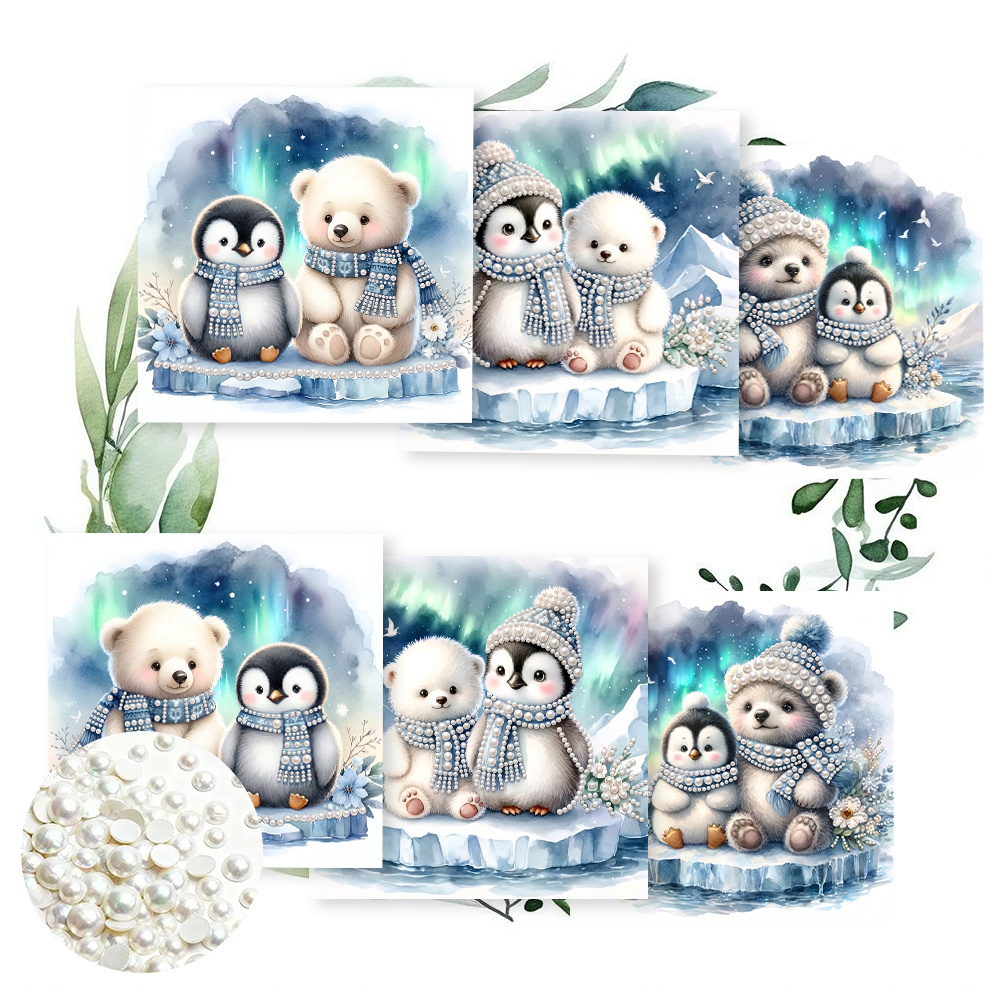 TEMU 6pcs Set 15.0x30.0cm/5.9x11.81in Diy Diamond Cartoon Ice And Snow Penguin With Greeting Card Invitation, Colored Drawing Pages For Painting And