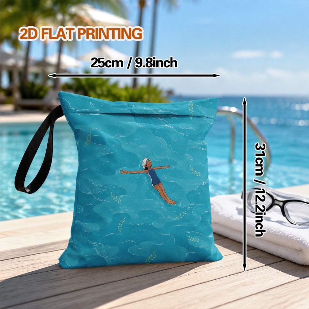 TEMU 2d Flat, 1pc Dry And Wet Dualuse Bag, Relaxed Swimming Printed Zipper Design Handle Reusable Diaper Wet Bag For Things Beach Diaper Laundry
