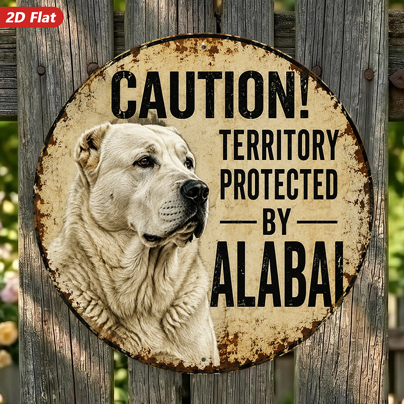 TEMU 2d Flat, 1pc Guardian Dog Round Metal Sign Wall Art, Caution Protected By Alabai Text, Home Decor, Ideal For Bedroom, Style, Weatherproof For