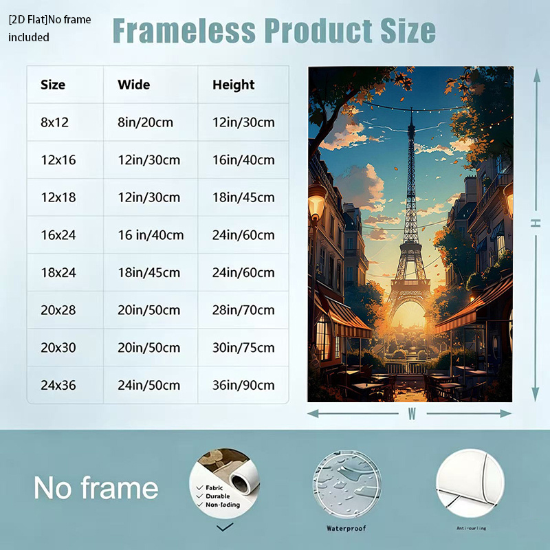 2d 플랫, 2d 플랫, [포스터 및 프린트] 프레임리스 캔버스, 파리 여행 프랑스 에펠탑 여행 테마 프린트 홈 데코, 인쇄 가능