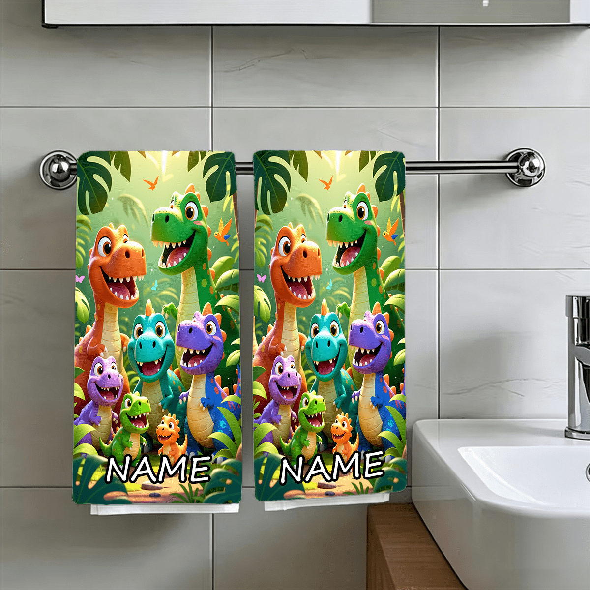 TEMU 1pc "colorful Cartoon Dino Group In Jungle" Towel, Customizable Text Towel, Personalized Name Towel, Cartoon Anime Towel, Autumn Gift, Striped