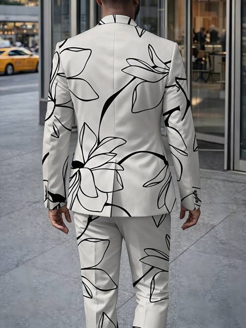 2pcs mens suit trousers simple floral print suit and flower pattern mens formal suit set black and white minimalist colors suit with lining and pockets trousers with pockets printed design not textured