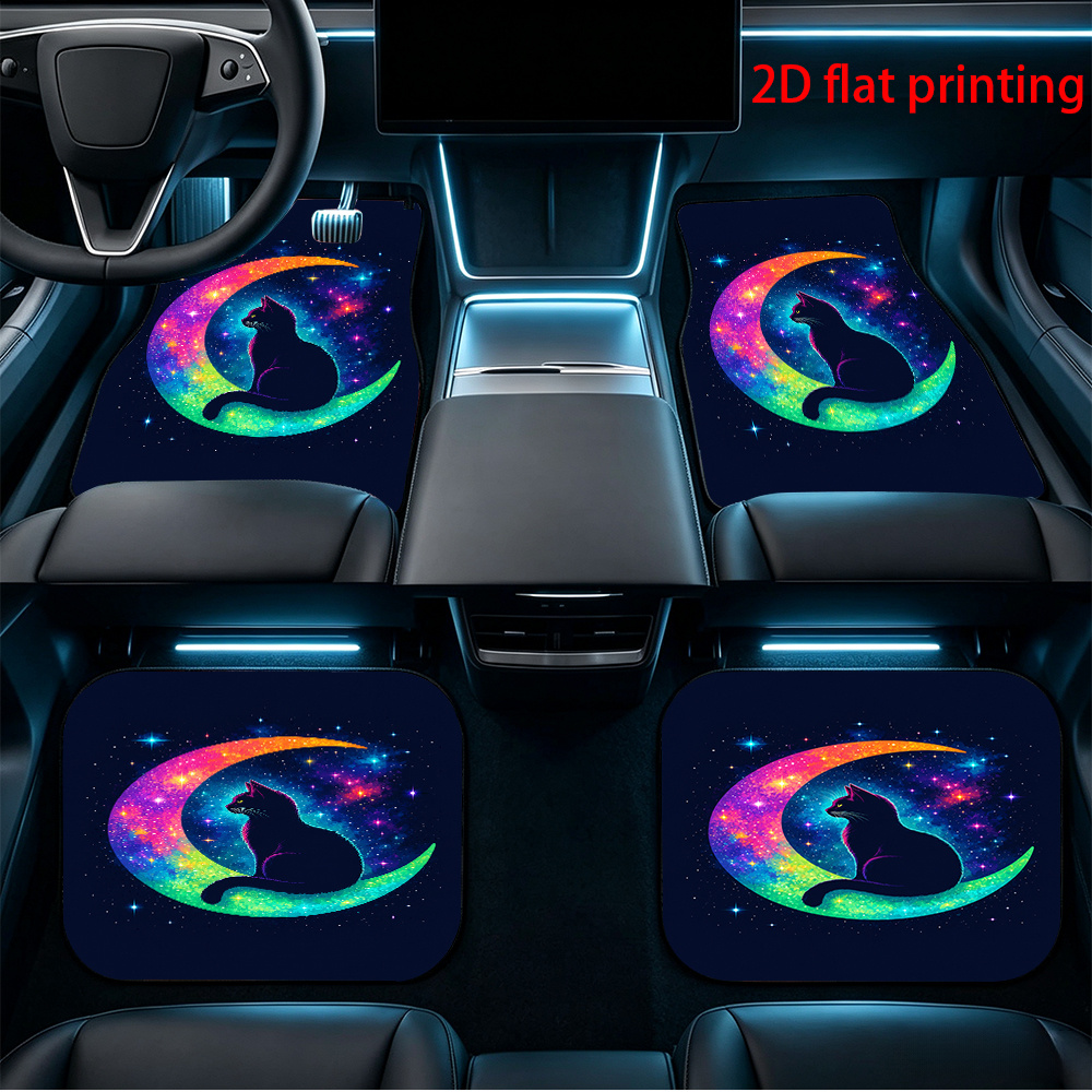 4-delige set 2d platte antislip automatten met regenboog sterrenhemel kat en    , universele pasvorm voor bescherming van het voertuiginterieur en stijlvolle decoratie,   3d-effect, 2d plat ontwerp. geschikt voor voor- en achterautomatten, auto-interieuraccessoires, decoratieve auto
