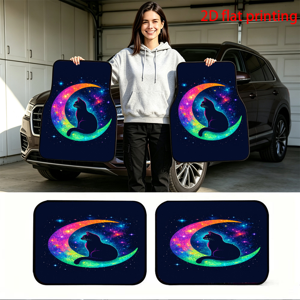 artikel foto 4-delige set 2d platte antislip automatten met regenboog sterrenhemel kat en    , universele pasvorm voor bescherming van het voertuiginterieur en stijlvolle decoratie,   3d-effect, 2d plat ontwerp. geschikt voor voor- en achterautomatten, auto-interieuraccessoires, decoratieve auto