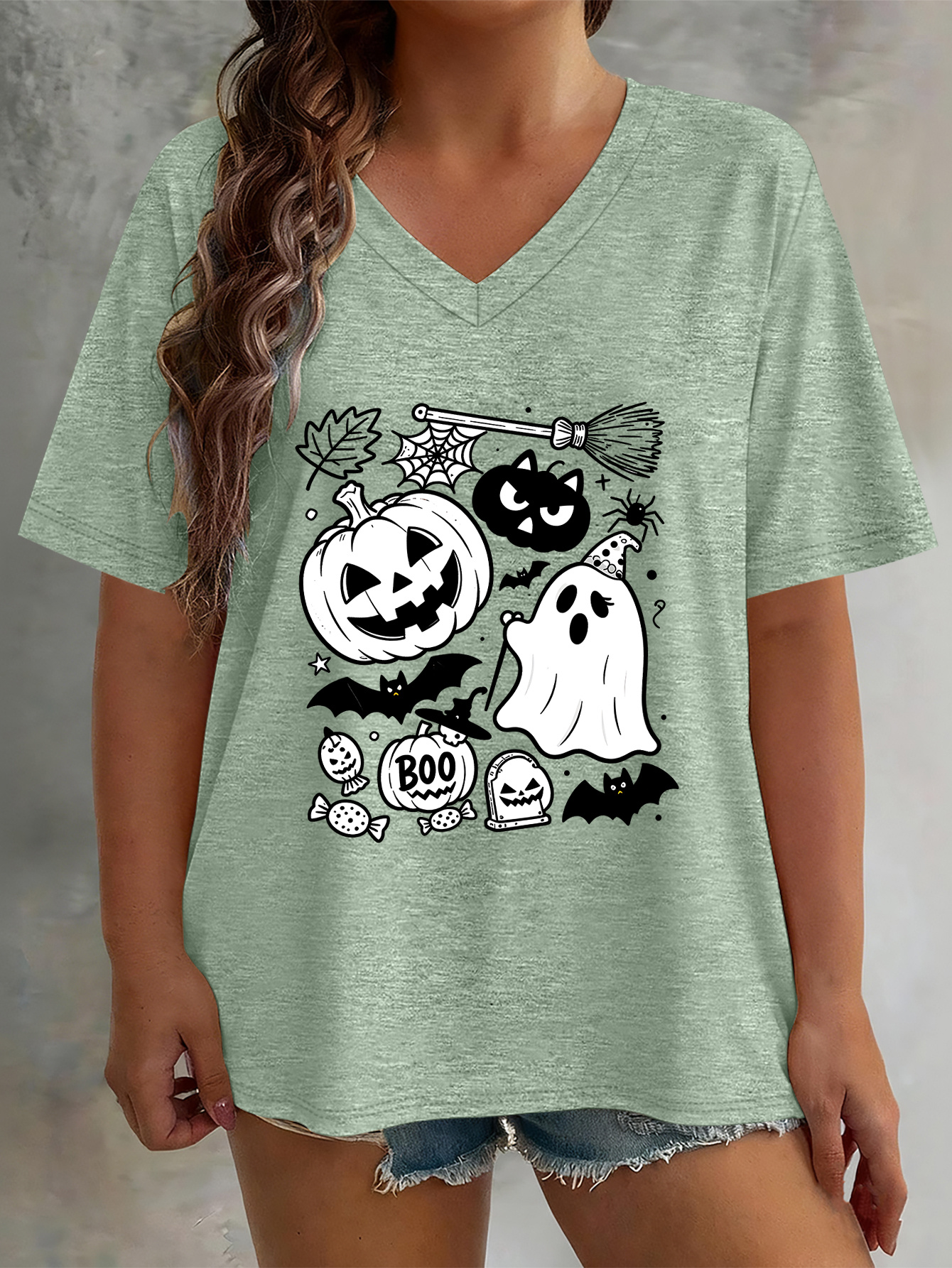plus size spring summer new size womens fashion halloween black and white hand drawn pumpkin ghost black cat   bat printed loose off shoulder short sleeve t shirt high quality womens top casual short sleeve v neck t shirt cute top