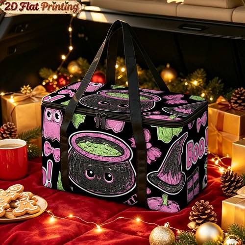 christmas gifts 2d flat 1pc pink halloween symbols pattern insulated lunch tote halloween decor foldable cooler for daily office beach vacation reusable grocery bags long handle non food contact 2d flat