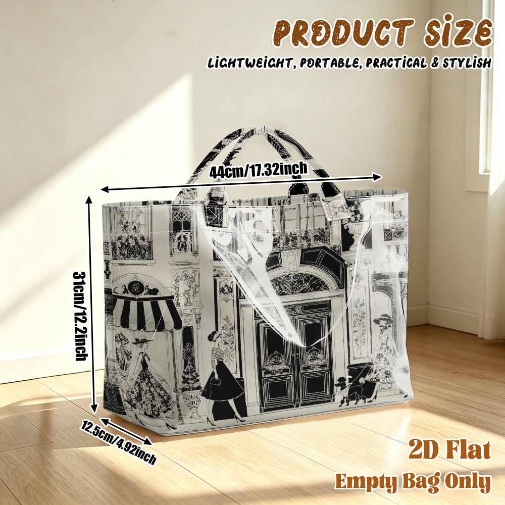 TEMU 1pc Reusable Grocery Bags, 2d Flat Printing Elegant Vintage Pattern Pvc Large Capacity Travel Tote Bag, Shopping Bag, Commuting Bag, Beach Bag,